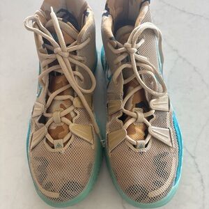 Beige and Teal High-Top Sneakers